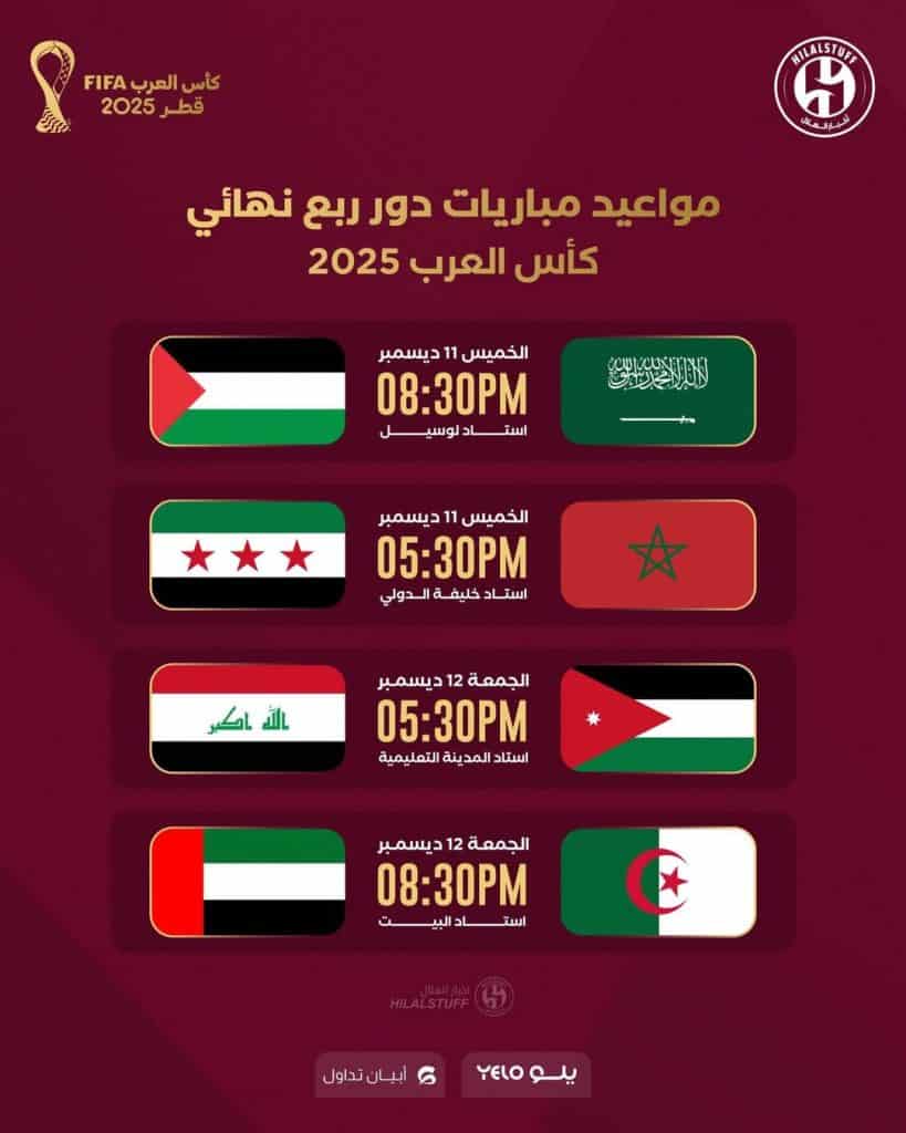 ربع نهائي كأس العرب 2025: الجدول الكامل